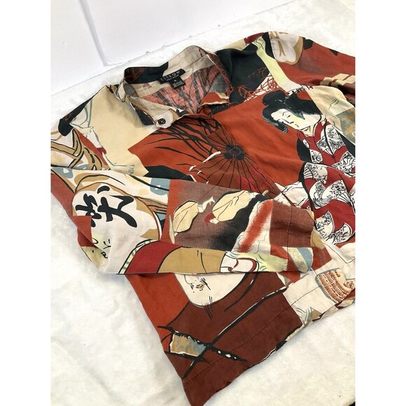 CITRON SANTA MONICA Asian Print Women's Top Snap Shirt Large Silk Linen 90’s Art - Picture 1 of 9